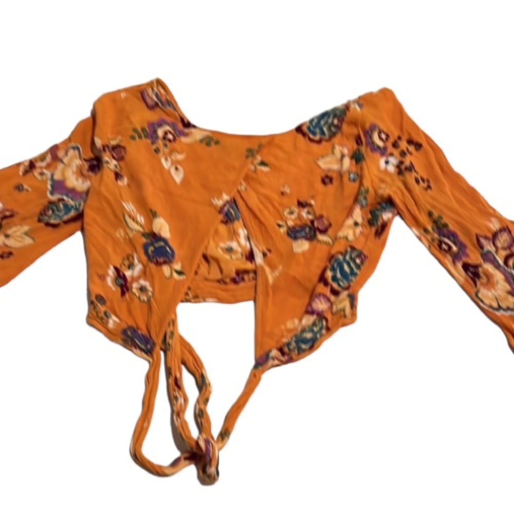 Patrons of Peace size small orange print cropped bell sleeve open wrap back